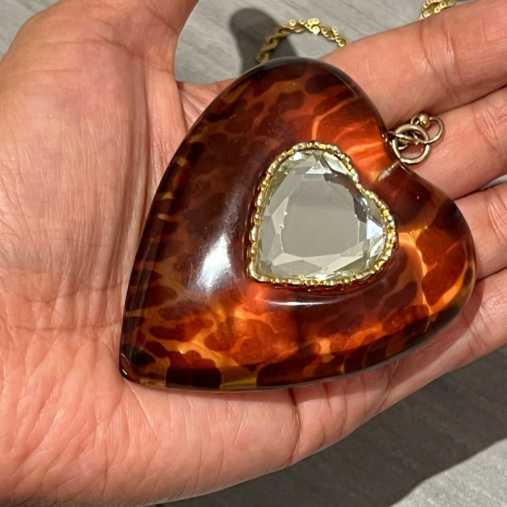 Betsey Johnson Huge Lucite Leopard Mirror Heart Necklace